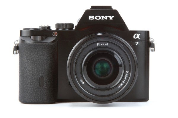 Sony FE 28mm f2 on camera, front view