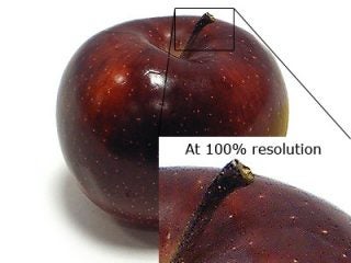 Close-up photo quality comparison of a plum at 100% resolution.
