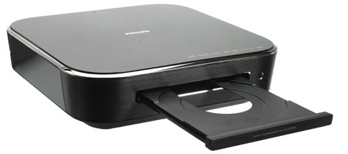 Black external DVD writer with a disc tray extended out from the drive