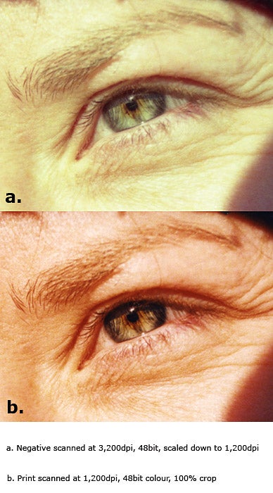 Comparison of scanning quality using the Epson Perfection 3170 Photo scanner, with the top image (a) showing a negative scanned at 3,200dpi, 48-bit color, scaled down to 1,200dpi, and the bottom image (b) showing a print scanned at 1,200dpi, 48-bit color, at 100% crop, both images focusing on a close-up of a human eye.