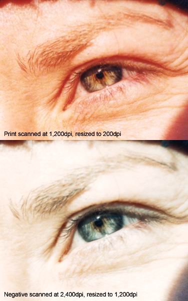 Comparison of scanning quality from the HP Scanjet 5530 Photosmart Flatbed Scanner, featuring close-up images of a human eye from a print and a negative, both scanned at high resolutions and resized to show detail and clarity differences.