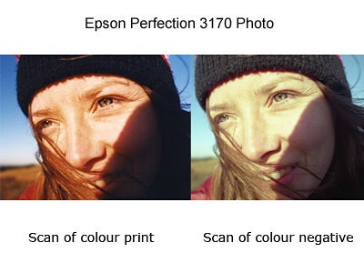 Product comparison review showcasing two images scanned by the Epson Perfection 3170 Photo scanner: on the left, a color print scan of a woman's face outdoors, and on the right, a color negative scan with altered colors of the same scene.