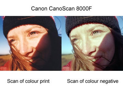 Comparison of two scanned images using the Canon CanoScan 8000F, showcasing one scan from a color print and another from a color negative, with both scans depicting a close-up of a woman's face.Comparative image showing the results of scanning a color print and a color negative using the HP Scanjet 5530 Photosmart scanner, depicting the same woman's face with differing color balance and exposure.Comparison of two scanned images showing the difference between a color print scan and a color negative scan, intended to demonstrate the scanning quality of a flatbed scanner.