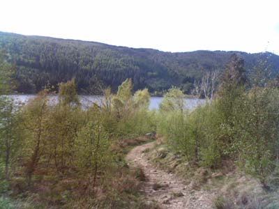 Landscape photo taken with palmOne Zire 72 PDA camera showing a dirt path through greenery with a lake and forested hills in the background.