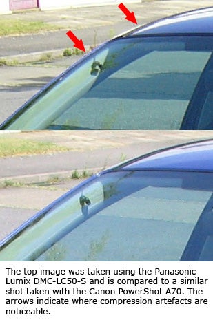 Comparative image quality review showing two photos of a car window, with the top photo taken by the Panasonic Lumix DMC-LC50-S and the bottom photo by the Canon PowerShot A70, highlighting compression artifacts with red arrows.