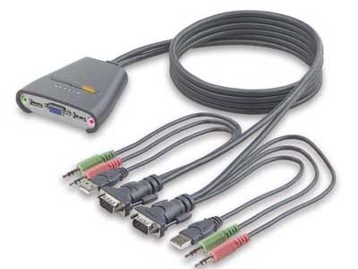 Belkin Two-Port USB KVM with Audio Support switch featuring USB and VGA connectors along with audio jacks.