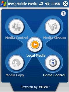 Screenshot of the HP iPAQ rx3715 Pocket PC interface showing the multimedia control screen with options for Media Control, Media Stream, Local Media, Media Copy, and Home Control.