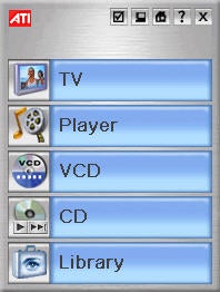 Screenshot of the ATI TV Wonder USB 2.0 software interface showing menu options such as TV, Player, VCD, CD, and Library.