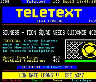 Screenshot of a teletext service displayed by the ATI TV Wonder USB 2.0 - External TV Tuner, showing football news headlines and advertisements for low-rate loans and teletext holidays.