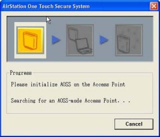 Screenshot of Buffalo AirStation G54 Wireless Router's One Touch Secure System interface with a progress bar indicating the search for an AOSS-mode Access Point.