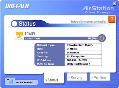 Screenshot of the Buffalo AirStation G54 Wireless Router Bundle interface showing the Status page in the AirStation Client Manager, with details of a current Wi-Fi connection including network name, mode, rate, channel, security, and IP address information.