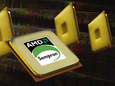 Illustration of AMD Sempron 3100+ processors with the brand logo, set against an abstract digital background.