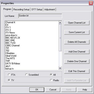 Screenshot of the Chaintech DTT-1000 DVB TV Tuner software interface showing the 'Properties' window with tabs for Program, Recording Setup, DTT Setup, and Adjustment, and displaying a list of TV channels in the Program tab.