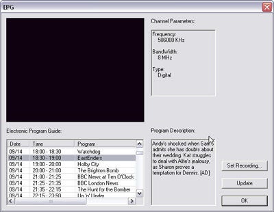 Screenshot of the electronic program guide interface from the Chaintech DTT-1000 DVB TV Tuner showing a list of TV programs and their scheduled times, along with channel parameters and a program description pane.