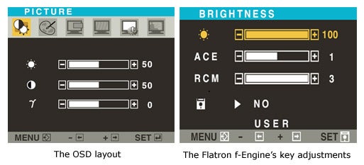 Two side-by-side images showing the on-screen display (OSD) settings layout and key adjustments for brightness of the LG Flatron L1730P - 17in TFT monitor. The left image details the OSD menu for picture settings, and the right image highlights the Brightness menu featuring the Flatron F-Engine's adjustments.