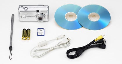 Canon PowerShot A400 digital camera with accessories including a wrist strap, two AA batteries, a 16 MB memory card, two software installation CDs, a USB cable, and an AV cable, displayed on a white background.