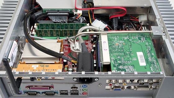 Interior view of Hush E2-MCE Silent Media Center PC showing the motherboard, cables, and various internal components.