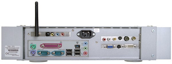 Rear view of Hush E2-MCE Silent Media Center PC showing a variety of ports including USB, audio jacks, and antenna for wireless connectivity.