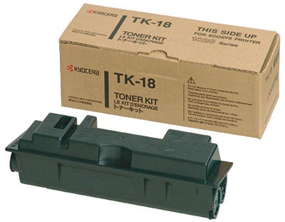 Kyocera TK-18 toner kit for Kyocera Mita FS-1018MFP Multi-Function Device with the product box in the background.