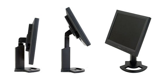 Three different angle views of the Sharp LL-151-3D 3D LCD Monitor, showcasing its design and adjustable stand.