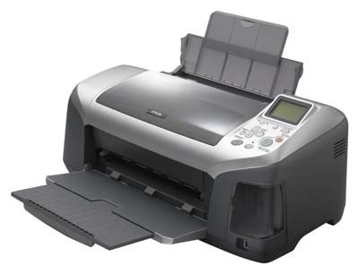 Epson Stylus Photo 300 inkjet printer on a white background, showing front view with paper tray extended.
