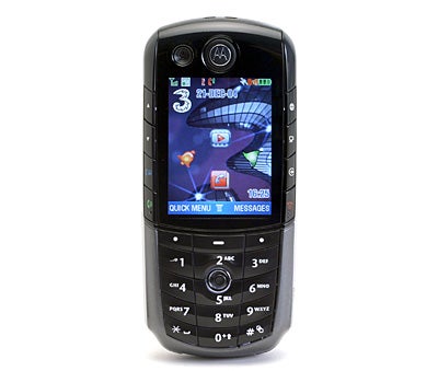 Motorola E1000 - 3G Mobile Phone displayed upright with the screen showing the main menu including icons for games and messages.