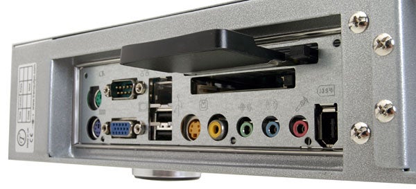 Close-up view of the connectivity ports on the Tranquil T2.e Silent Media Center PC, including USB, audio jacks, and other interfaces.