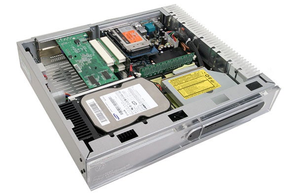 Internal components of the Tranquil T2.e Silent Media Center PC, showing the motherboard, hard drive, and cooling system.