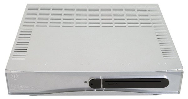 Silver Tranquil T2.e Silent Media Center PC with ventilation grilles and a front loading disc slot.