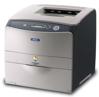Epson Aculaser C1100 Colour Laser Printer on a white background, showcasing its design with input trays and control panel.
