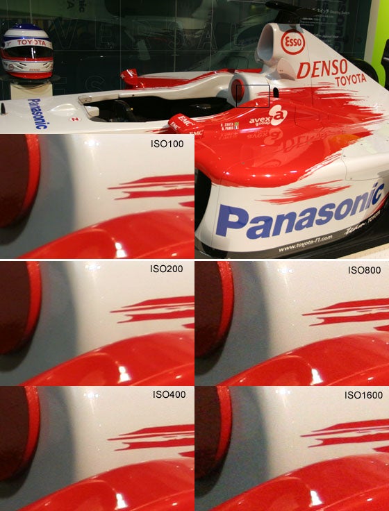 Comparison of image quality at different ISO settings using the Canon EOS 20D Digital SLR, featuring close-up shots of a toy race car illustrating the noise levels at ISO 100, 200, 400, 800, and 1600.
