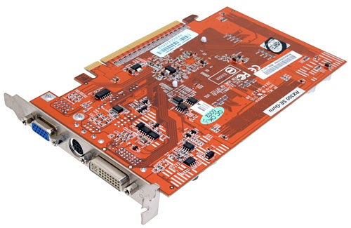 Abit RX300 SE-Guru graphics card on a white background showing its red PCB, capacitors, VGA and DVI connectors, and an AGP interface.