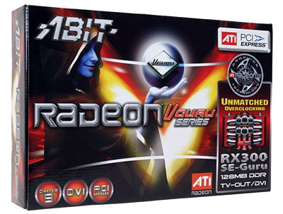 Product box for Abit's RX300 SE-Guru graphics card featuring Radeon VPU series, with graphics highlighting key features such as PCI Express compatibility, 128MB DDR memory, and TV-out/DVI functionality.