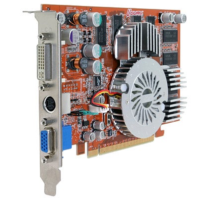Abit RX300 SE-Guru graphics card featuring VGA, DVI, and S-Video outputs with a silver heatsink and orange PCB.