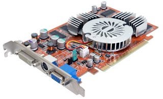 Abit RX300 SE-Guru graphics card with silver heatsink and fan assembly, mounted on a red circuit board with an array of capacitors, DVI and VGA output ports visible.
