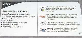 Acer TravelMate 382TMi laptop specifications label.