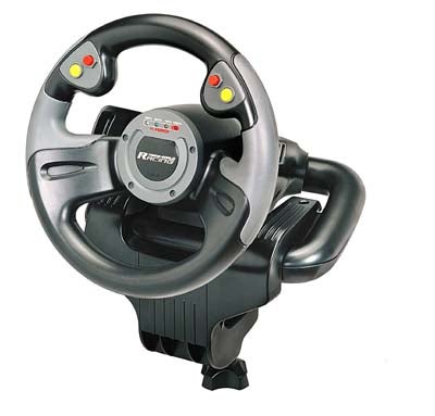 Product photograph of the Saitek R440 Force Feedback Wheel, a gaming steering wheel with built-in force feedback for racing simulations, showing the wheel's buttons and ergonomic grips on a white background.
