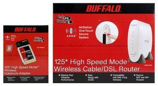 Product packaging for Buffalo WBR2-G54S Wireless Router showing the router, notebook adapter and the key features such as 125* High Speed Mode and secure system labeled on the box.