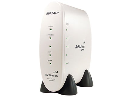Buffalo WBR2-G54S Wireless Router displayed in an upright position showing status indicator lights and branding on the front panel.