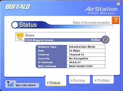 Screenshot of Buffalo AirStation Client Manager interface showing the status of a Buffalo WBR2-G54S Wireless Router with network information such as SSID, network type, rate, channel, security, IP and MAC address.