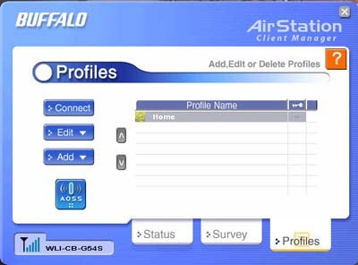 Screenshot of Buffalo AirStation Client Manager software interface showing the Profiles management screen for the Buffalo WBR2-G54S Wireless Router.