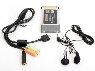 Creative Sound Blaster Audigy 2 ZS Notebook sound card with accompanying cables and earphones on a white background.