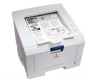 Xerox Phaser 3150 Mono Laser Printer on a white background, displaying a printed page with text and graphics.