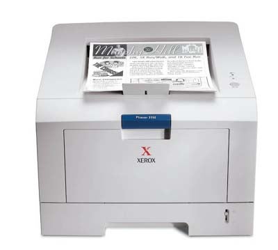 Xerox Phaser 3150 Mono Laser Printer on a white background with a printed paper on its output tray.