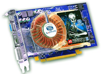 Sapphire Radeon X850 XT Platinum Edition graphics card with red circular cooling fan and branding decals on the PCB.