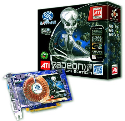 Product packaging and graphics card Sapphire Radeon X850 XT Platinum Edition with a unique cooling fan and branding visible.