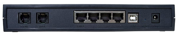 Rear view of the Zoom ZoomTel X5v 5565 VoIP ADSL Router showing the phone, Ethernet, USB, and power ports.