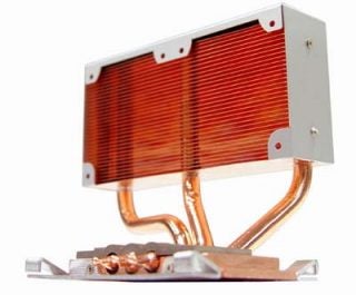 SilverStone NT01 CPU cooler with copper heat pipes and aluminum fins on a white background.
