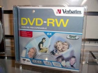 Verbatim DVD-RW product packaging on display, indicating 6x speed, DVD re-recordable with images of people using multimedia.