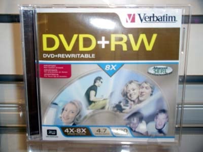 Verbatim DVD+RW 8x rewritable DVD disc package displayed on a shelf, possibly used for testing or reviewing the NEC ND-3520A DVD Writer.